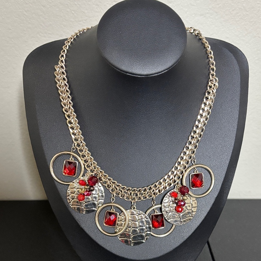 White House Black Market Gold and Red Pendant Necklace Statement Dangle